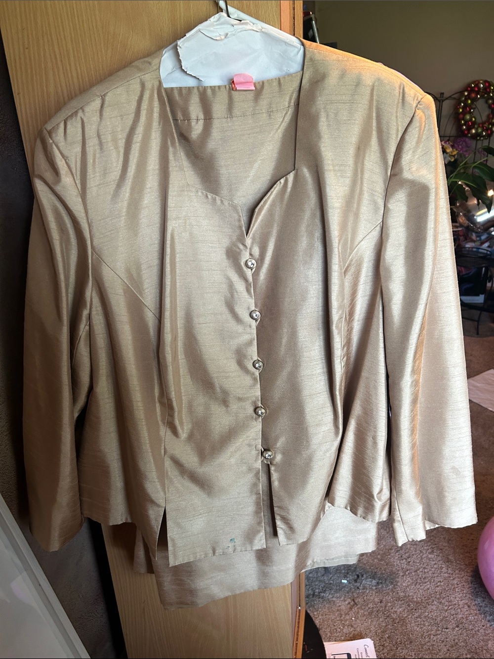 Long-Sleeve Satin Button-Front Dress in Champagne Gold